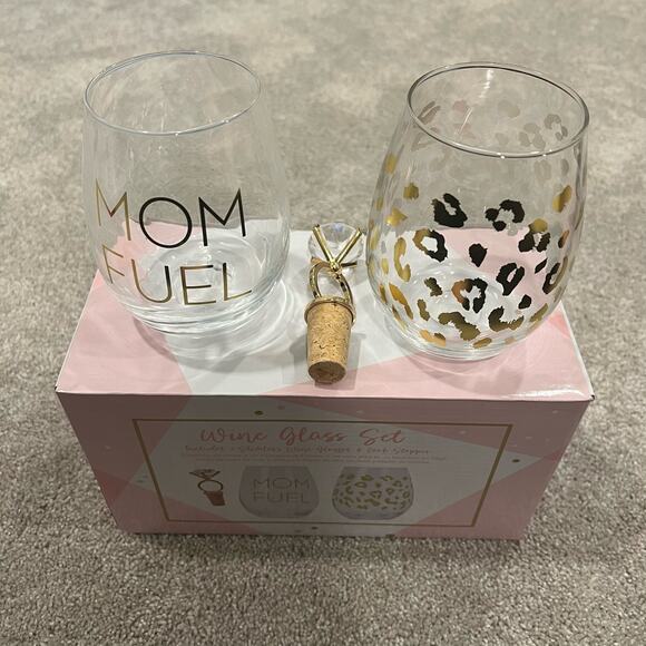 NWB Mom Fuel Cheetah Wine Glass‎ Set Two Stemless Glasses and Cork Stopper - Picture 1 of 7